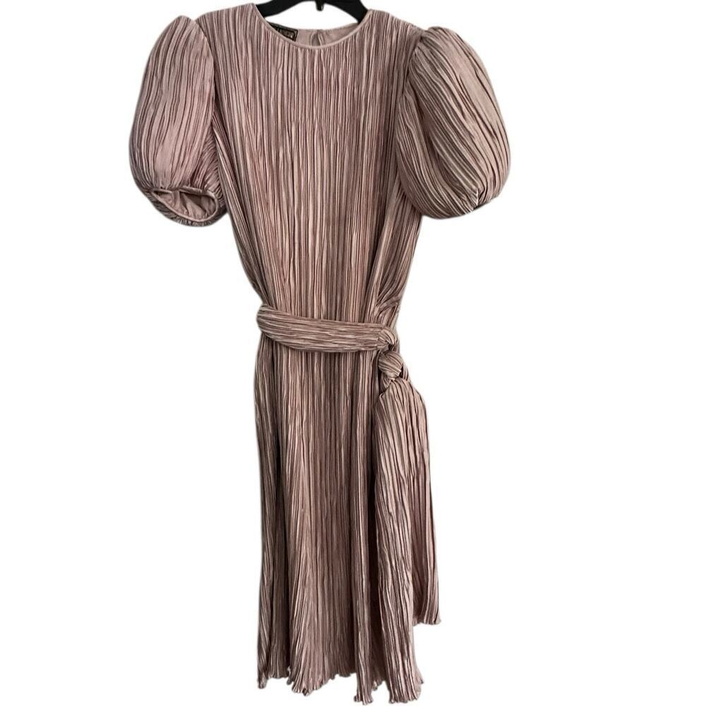 Vintage designer Pierre Labiche Women Champagne Pleat Puff Sleeves Dress Size 6